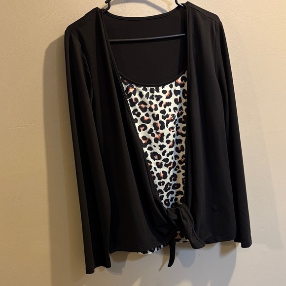 Tops - Black Cardigan with Leopard Print Top